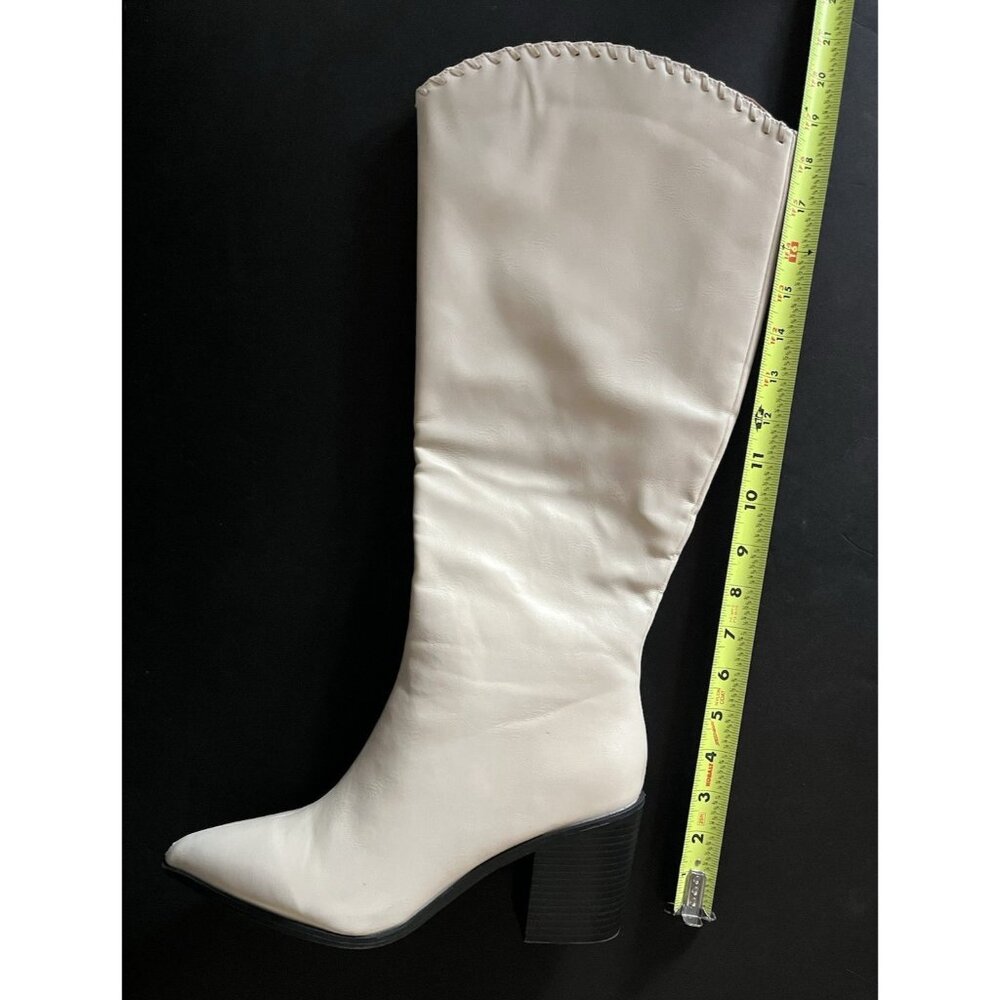 Wide Calf Boot Coconut Cream Size 9.5 Pleather Fashion Boots Side Zip 3" Block - Picture 12 of 12